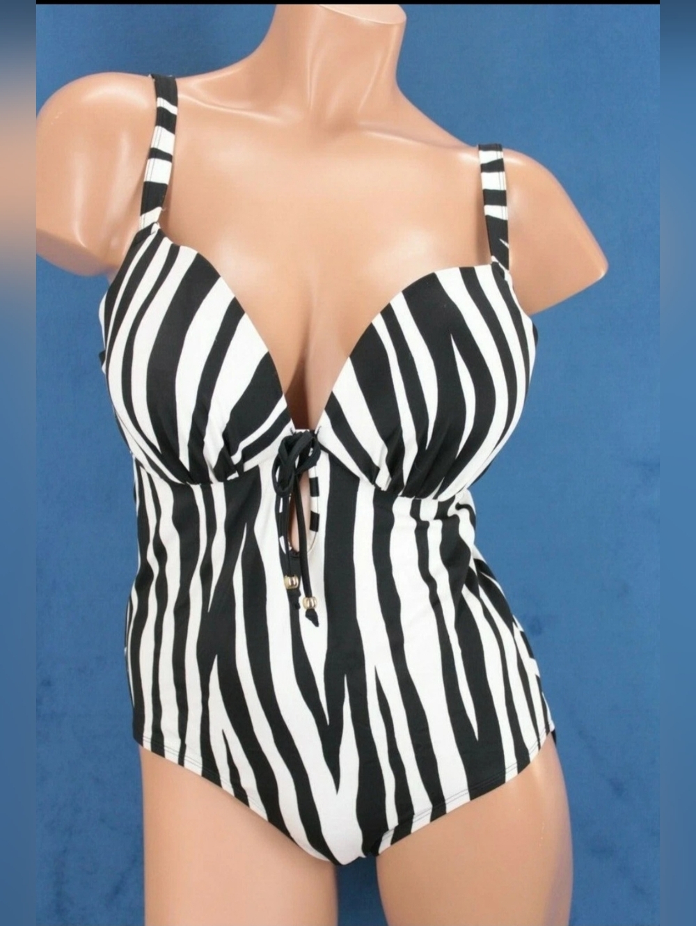 Black White Zebra Print One Piece Swimsuit Lace Up Front Tummy Control Retro Gla